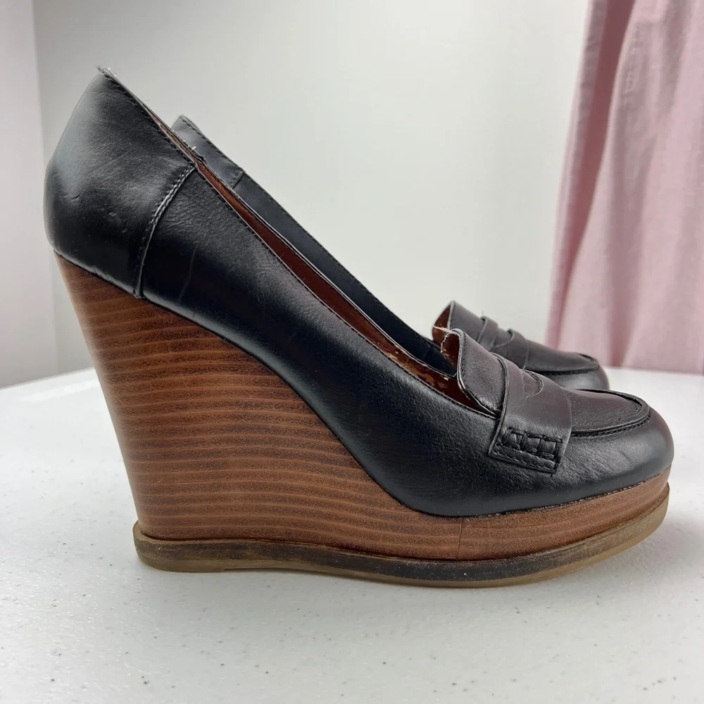 Lucky Brand June Black Leather Platform Wedge Penny Loafers Size 10 - Picture 4 of 13